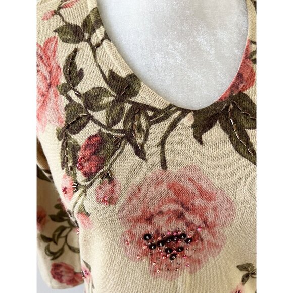 Dressbarn Petite Tan Rose Embellished Sweater With 3/4 Sleeves - Picture 2 of 5